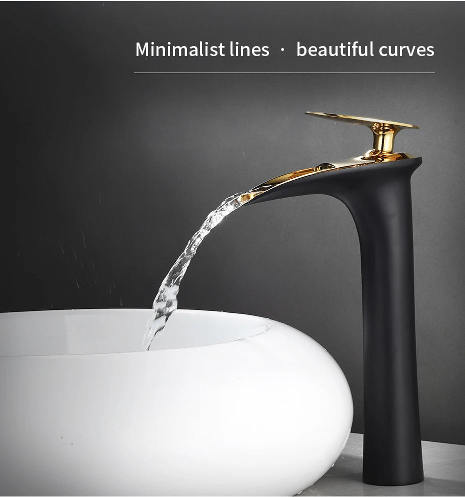 Modern Sleek Brass Waterfall Tall Basin Faucet with Single Handle Hot and Cold Water Mixer