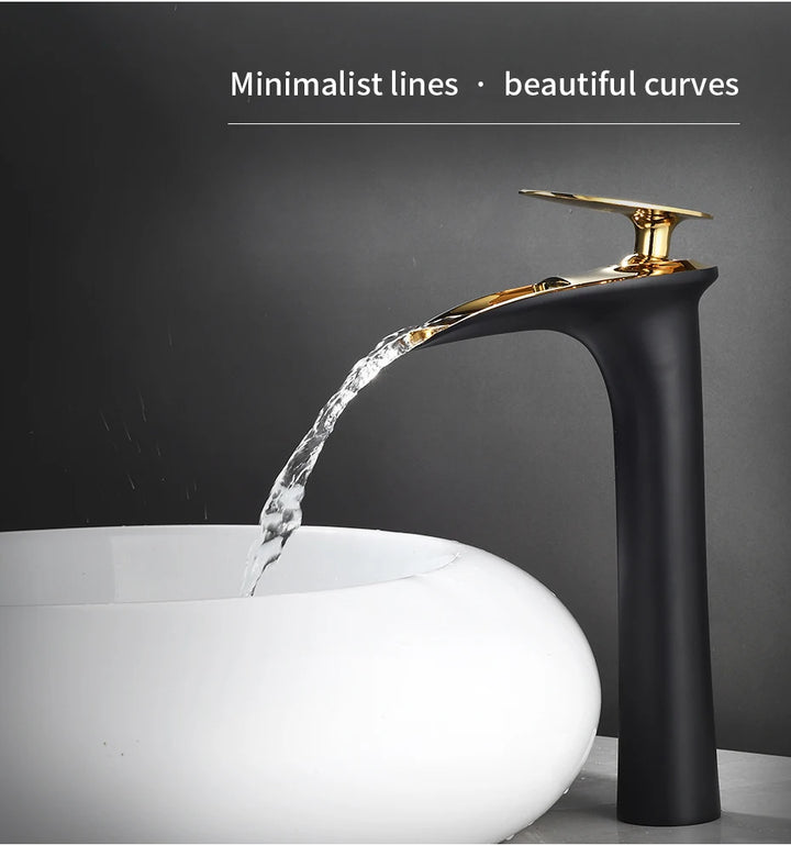 Modern Sleek Brass Waterfall Tall Basin Faucet with Single Handle Hot and Cold Water Mixer