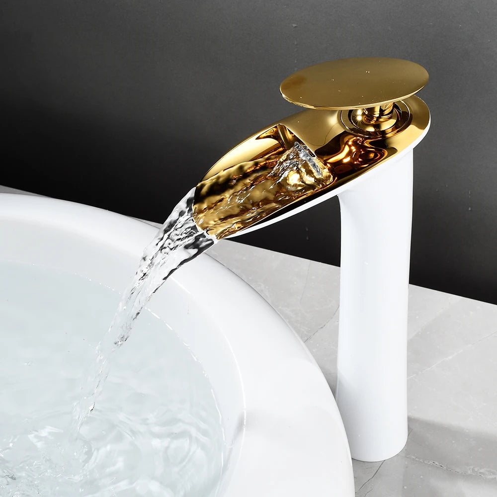 Modern Sleek Brass Waterfall Tall Basin Faucet with Single Handle Hot and Cold Water Mixer