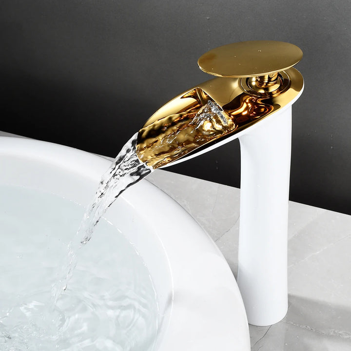 Modern Sleek Brass Waterfall Tall Basin Faucet with Single Handle Hot and Cold Water Mixer