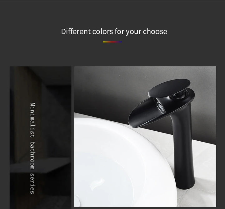 Modern Sleek Brass Waterfall Tall Basin Faucet with Single Handle Hot and Cold Water Mixer