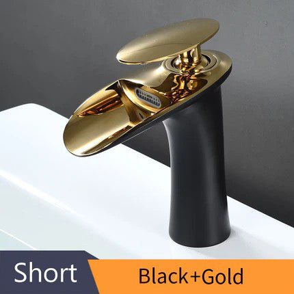Modern Sleek Brass Waterfall Short Basin Faucet with Single Handle Hot and Cold Water Mixer