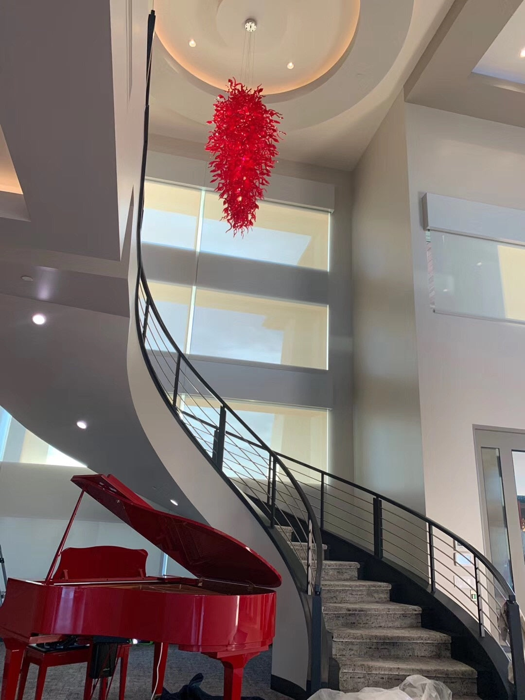 Red Murano Glass Chandelier Staircase LED Lustres Modern Hanging Light Fixture
