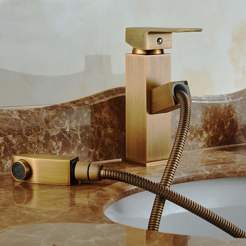 Deck Mounted Antique Brass Pull Out Bathroom Faucet ATY Home Decor