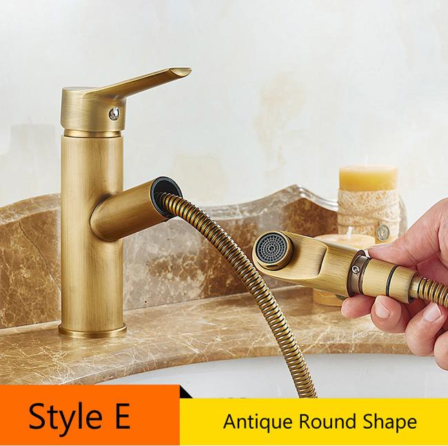 Antique Brass Pull Out Bathroom Faucet Deck Mounted Vanity Sink Hot and Cold Basin Mixer Tap Deck Mounted Brass Crane Cock - ATY Home Decor