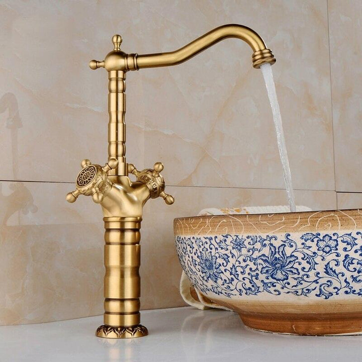 Basin Faucets Antique Brass Bathroom Faucet Basin Carving Tap Rotate Double Handle Hot and Cold Water Mixer Taps - ATY Home Decor