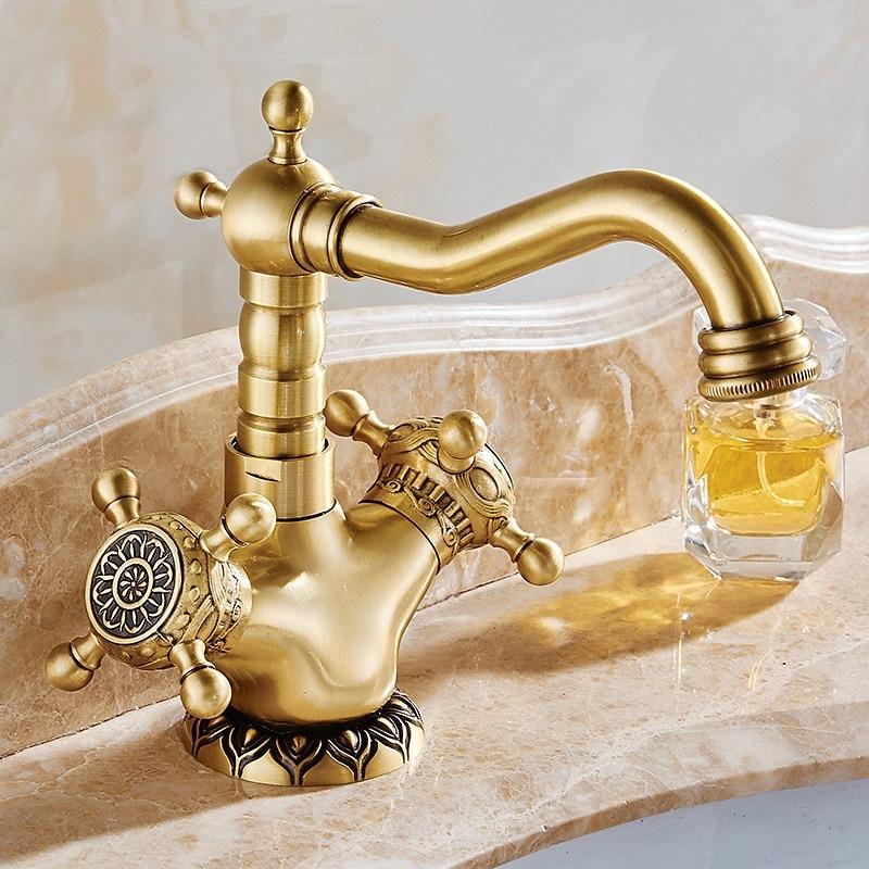 Basin Faucets Antique Brass Bathroom Faucet Basin Carving Tap Rotate Double Handle Hot and Cold Water Mixer Taps - ATY Home Decor