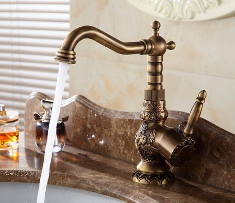 Basin Faucets Antique Brass Bathroom Faucet Basin Carving Tap Rotate Single Handle Hot and Cold Water Mixer Taps Crane - ATY Home Decor