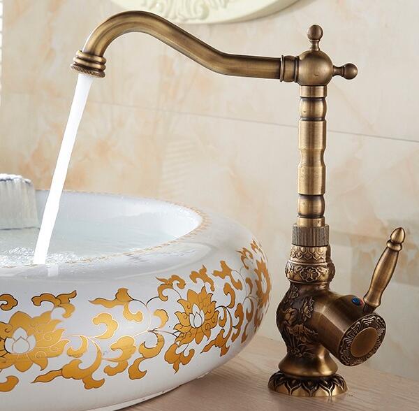 Basin Faucets Antique Brass Bathroom Faucet Basin Carving Tap Rotate Single Handle Hot and Cold Water Mixer Taps Crane - ATY Home Decor
