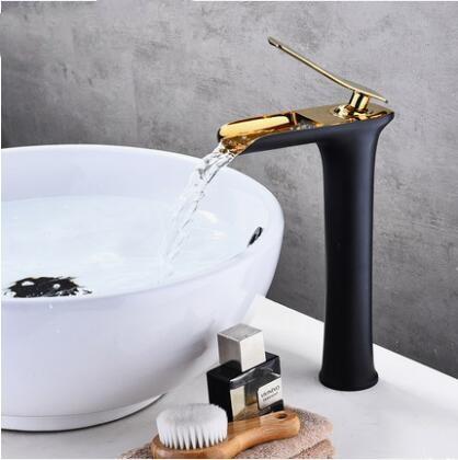 Basin Faucets Waterfall Bathroom Faucet Single Handle Basin Mixer Hot And Cold Black And Gold Faucet Brass Sink Water Crane - ATY Home Decor