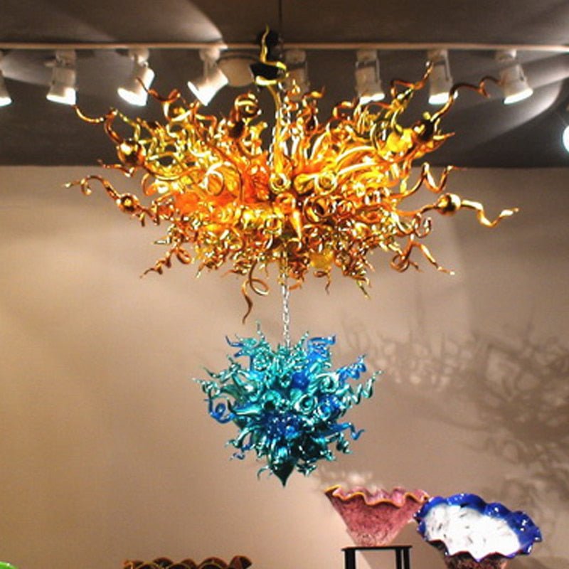 Cool Modern Artist Handblown Glass Chandelier For Kitchen Dining Room Blue Orange Color