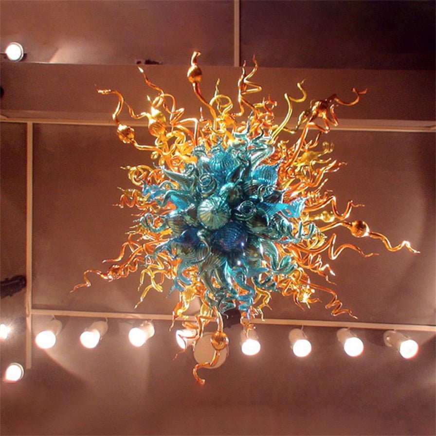 Kul moderne kunstner håndblåst lysekrone i glass for kjøkken spisestue blå oransje farge
