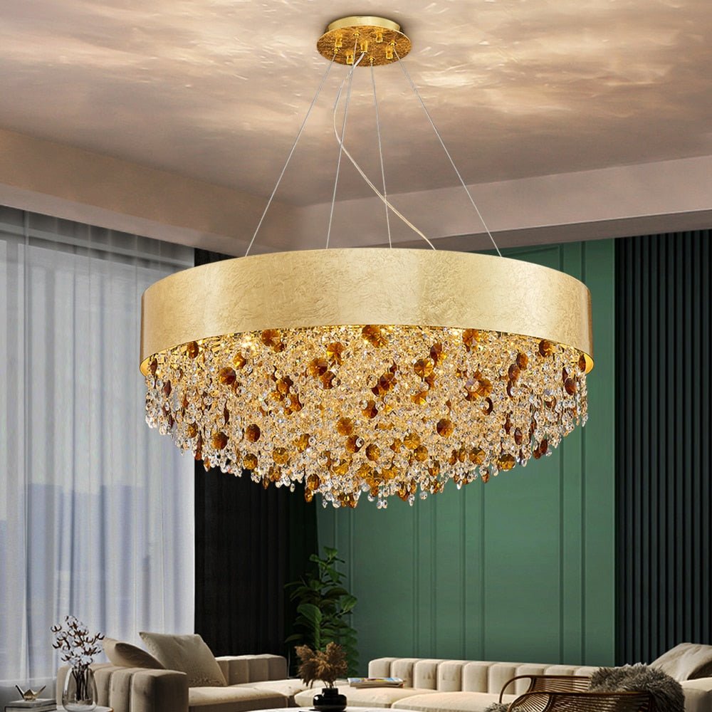Lampadario di cristallo creativo Illuminazione moderna del soggiorno Nuovo design Lampada a LED a sospensione rotonda Oro