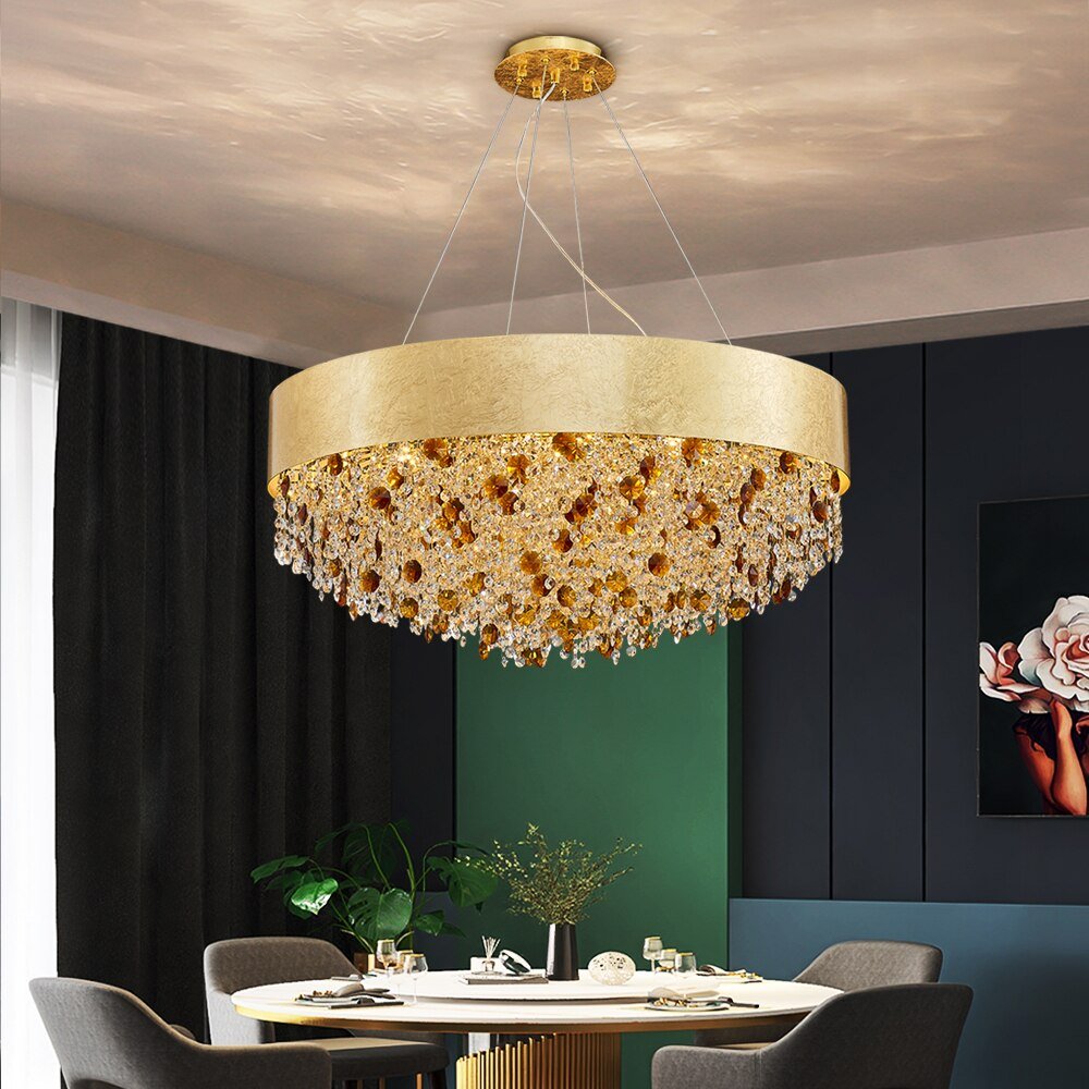 Lampadario di cristallo creativo Illuminazione moderna del soggiorno Nuovo design Lampada a LED a sospensione rotonda Oro