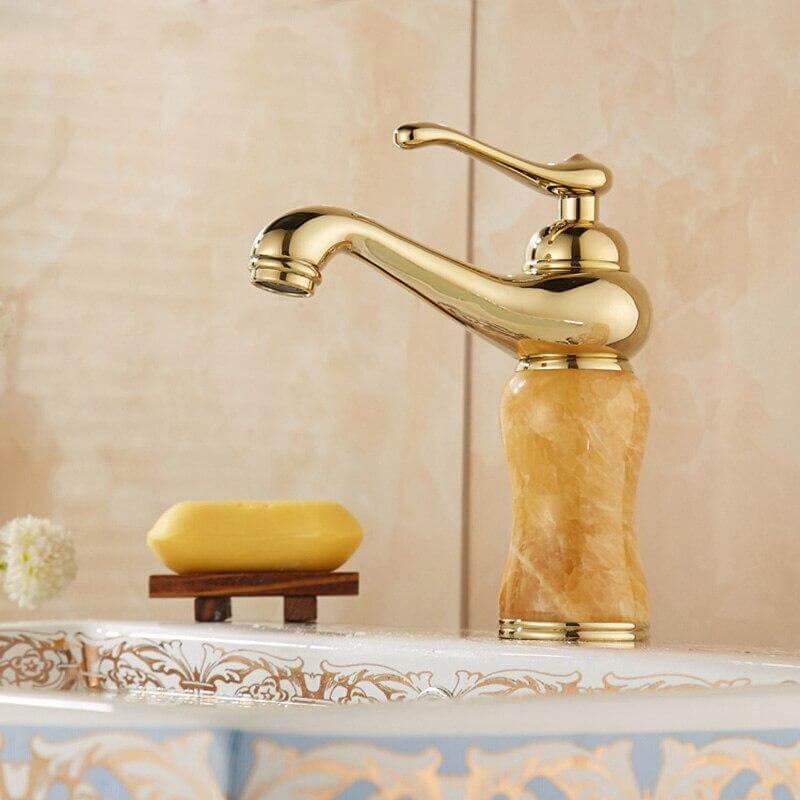 Guld Jade Ware Badeværelsesarmatur Enkelt håndtag Enkelthuls vask Håndvask Armatur Koldt varmtvandsblander Badeværelsestilbehør