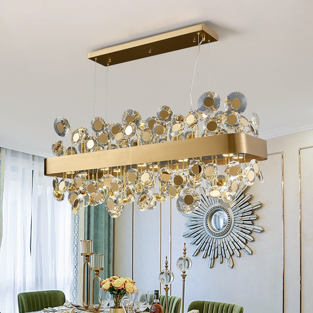 Gold Rectangle Chandelier Lighting For Living Room Crystal Lights Kitchen Island Hanging Lamp