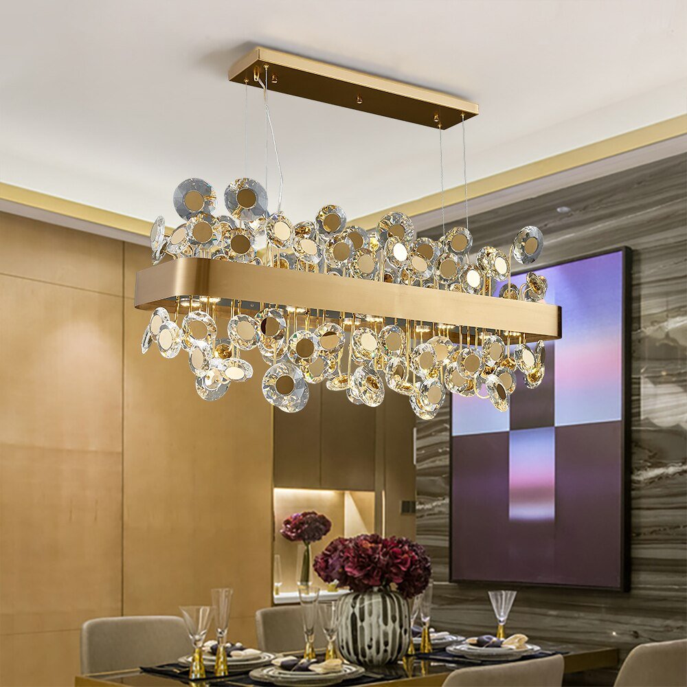 Guld rektangel lysekrone belysning til stuen Krystal lys Køkkenø hængelampe