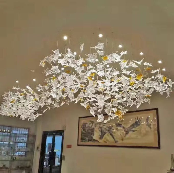 Large Maple Leaf Glass Birds Pendant Light Glass Chandelier