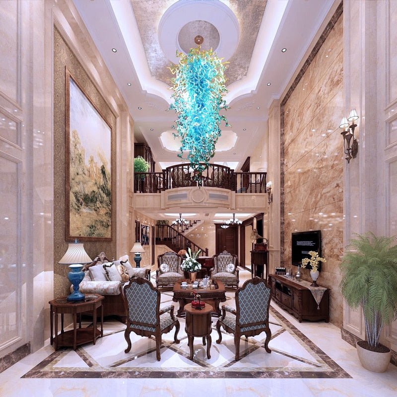 Grand lustre moderne en verre soufflé à la main de couleur bleue Décoration de hall d'hôtel