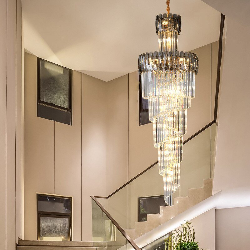 Grand lustre moderne en cristal pour escalier en colimaçon Lobby Hallway Design