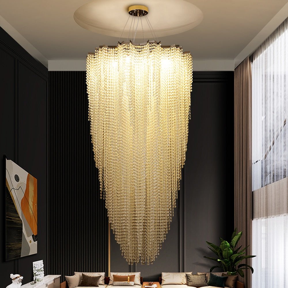 Grande lampadario di cristallo moderno di forma rotonda per la scala del soggiorno