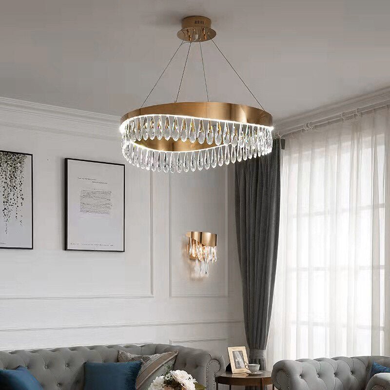 Led spazzolato oro soggiorno lampadario arte design lusso K9 cristallo lampada apparecchio di luce moderno rotondo