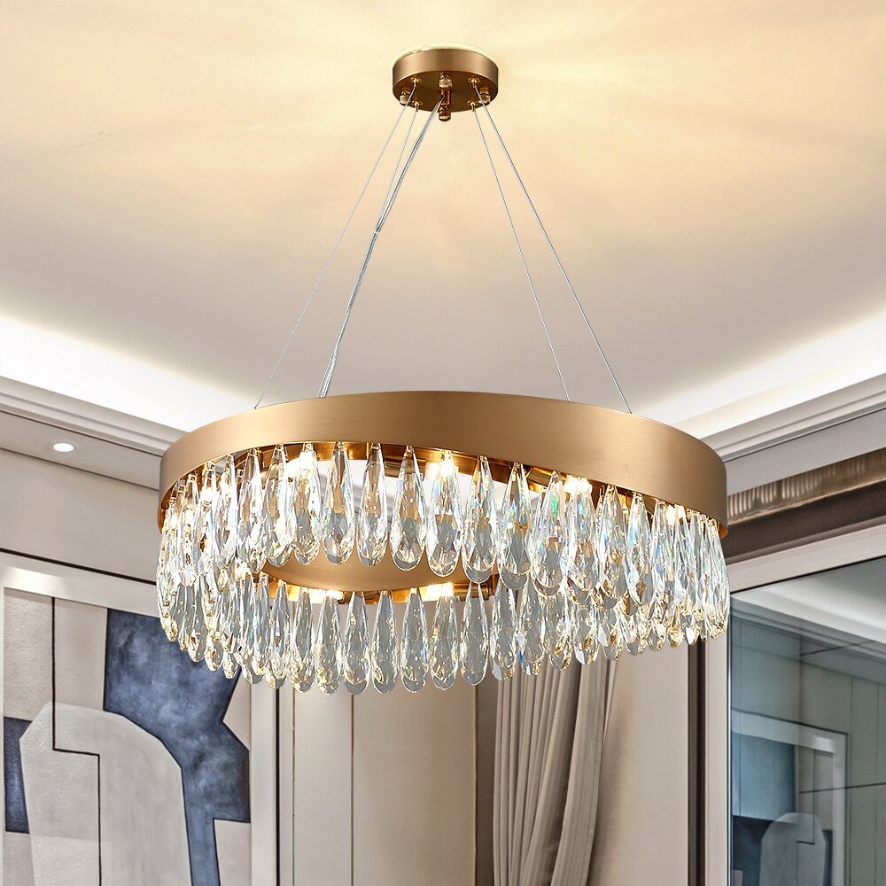 Led de oro cepillado sala de estar lámpara de araña de arte de lujo K9 Cristal Lámpara de Luz Moderna Ronda