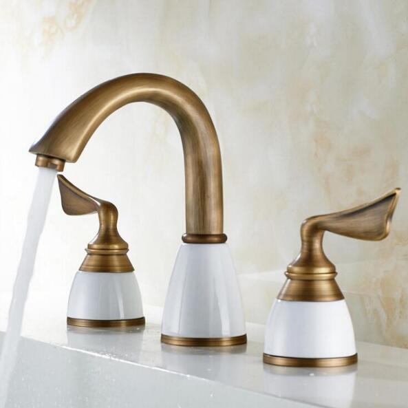 Luxury Basin Faucet 8 Inch Water Tap Brass Ceramic & Diamond Bathroom Faucet Antique Widespread Basin Sink Faucet