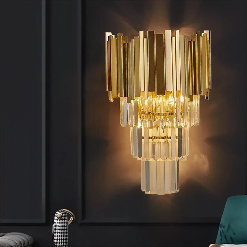 Luxury Crystal Living Room Wall Sconce Lighting Gold Chrome Polished Steel Wall Lamp Bedroom Hallway