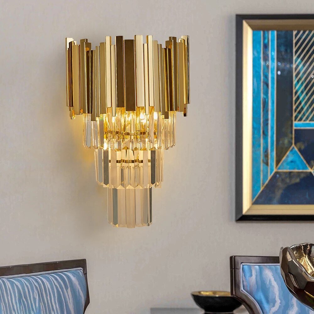 Lampe murale de luxe en cristal pour le salon, chrome doré, acier poli, lampe murale pour la chambre à coucher et le hall d'entrée