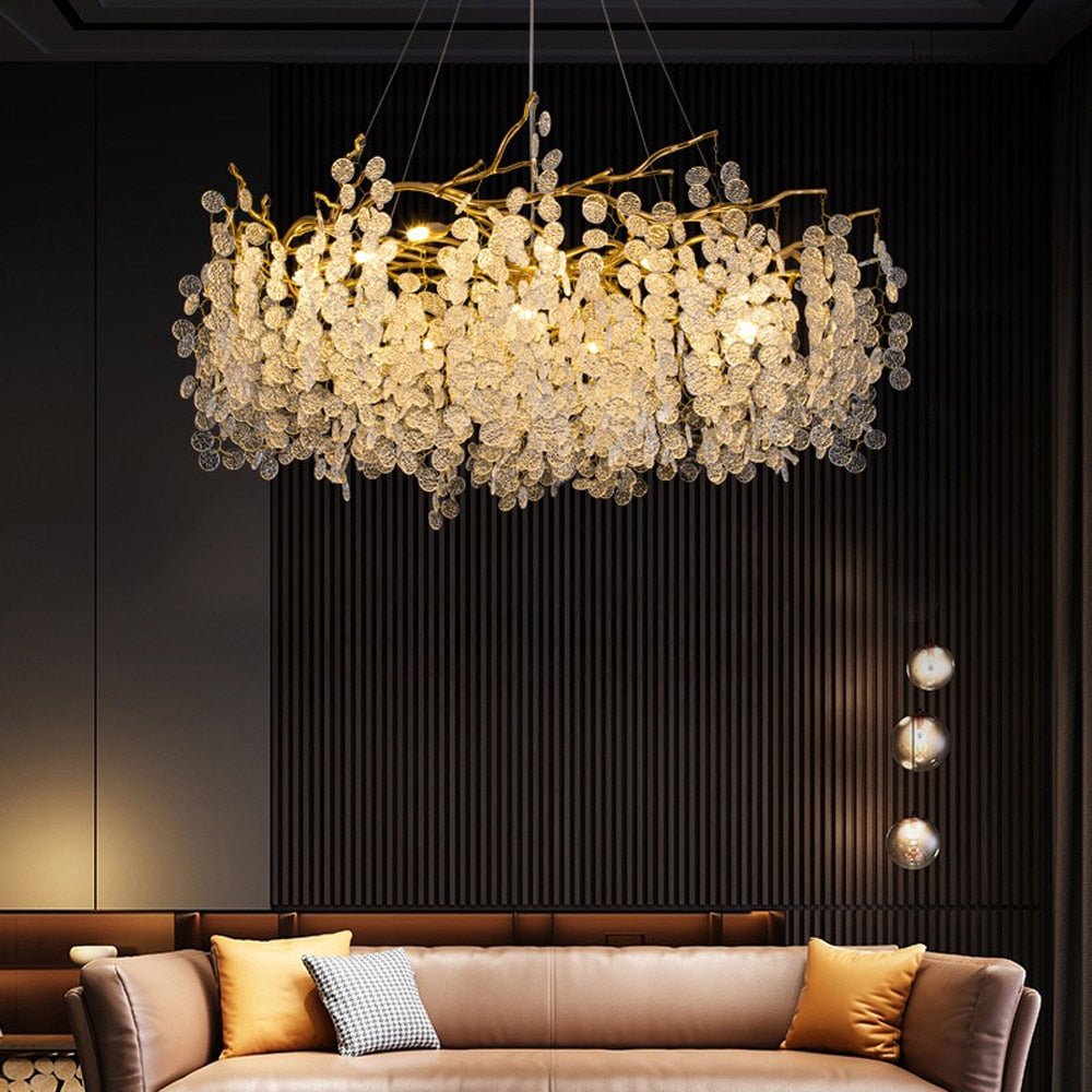 Diseño de lujo Lámpara de araña de cristal de iluminación para la sala de estar Luminaria Plafonnier Oro Comedor