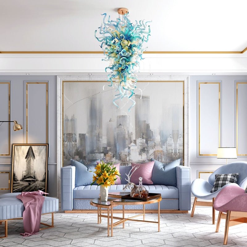 Luksus Hotel Villa Crystal Aqua Blå Håndblåst Murano Glass Lysekrone