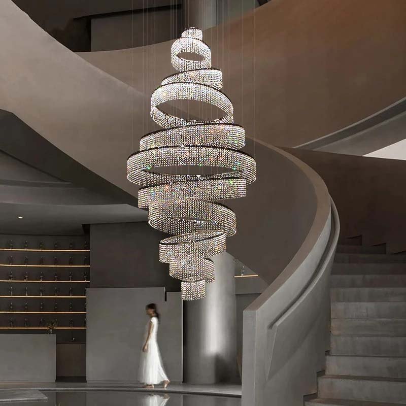 Lujo Gran Anillo Moderno Escalera De Cristal LED Araña Para Sala De Estar Vestíbulo