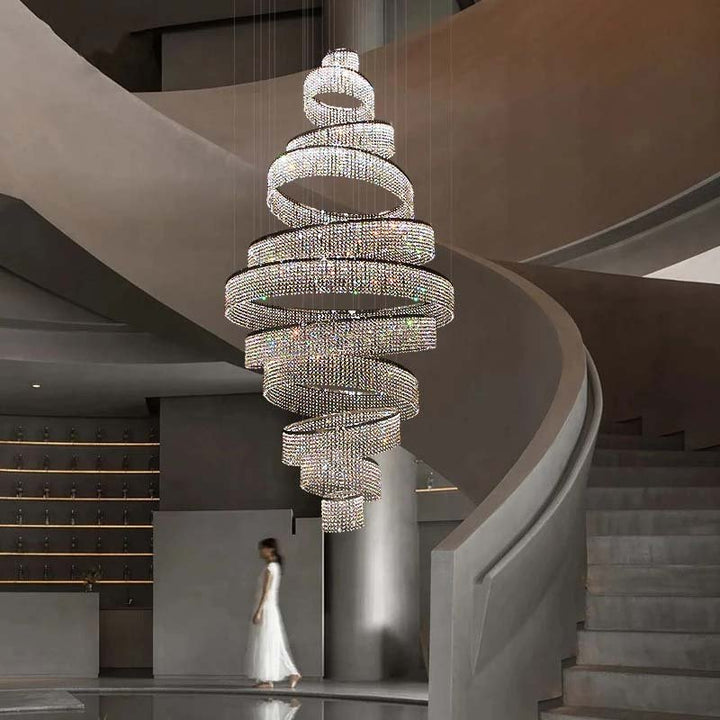 Lujo Gran Anillo Moderno Escalera De Cristal LED Araña Para Sala De Estar Vestíbulo
