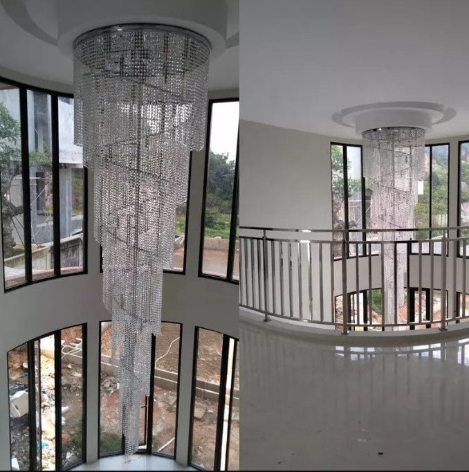 Luxuriöser Moderner Kristallperlen-Kronleuchter für Treppenhaus Langes Loft Schwarzer Beleuchtungskörper