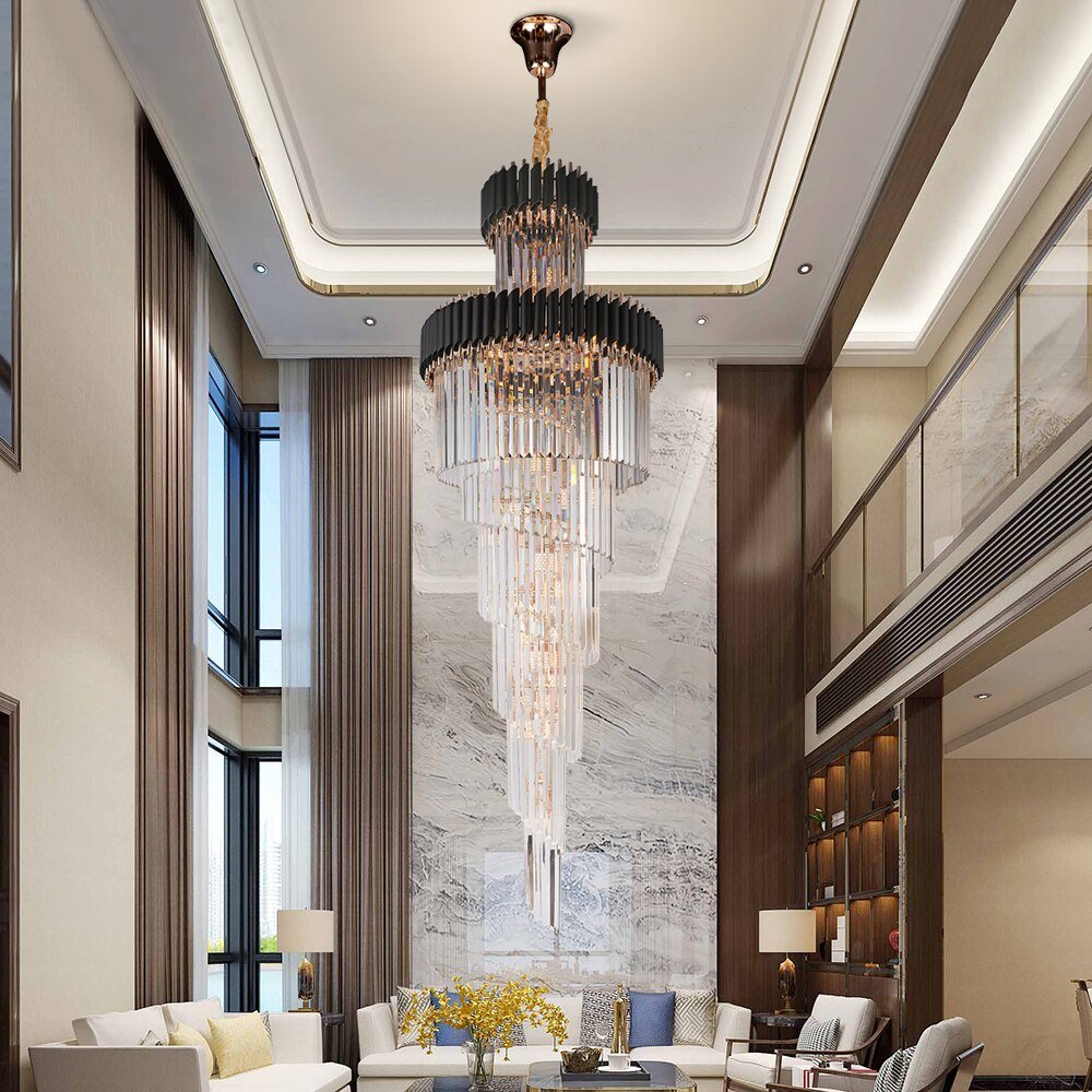Luxuriöser Moderner Kristallkronleuchter Für Treppenhaus Langes Loft Schwarze Leuchte Villa Lobby Wohnzimmer