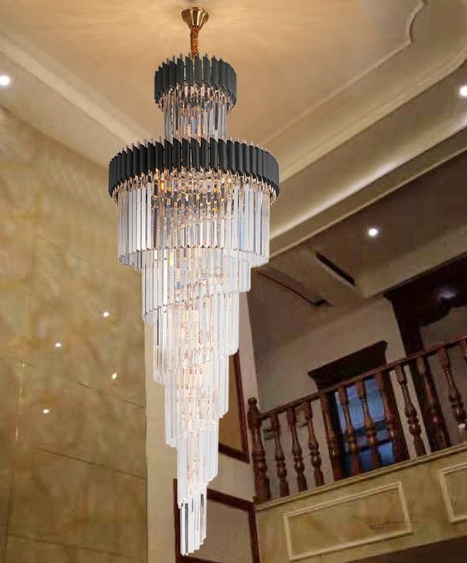 Luxe Moderne Kristallen Kroonluchter Voor Trap Lange Loft Zwart Lichtpunt Villa Lobby Woonkamer