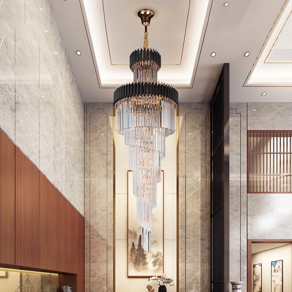 Lampadario di cristallo moderno di lusso per soggiorno della lobby della villa della lampada del nero del soppalco lungo della scala