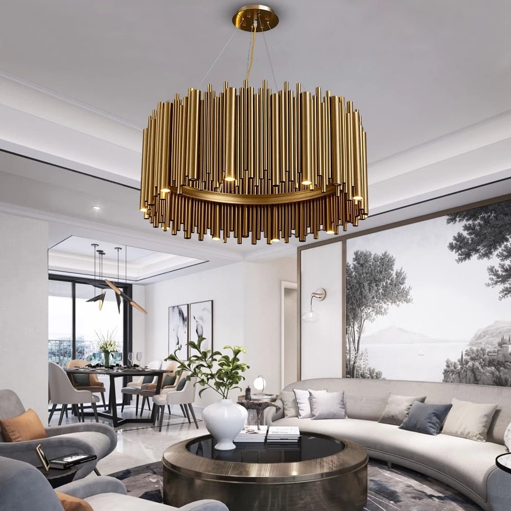 Lustre moderne luxueux en or pour le salon Lampe suspendue à LED en acier inoxydable Design créatif rond