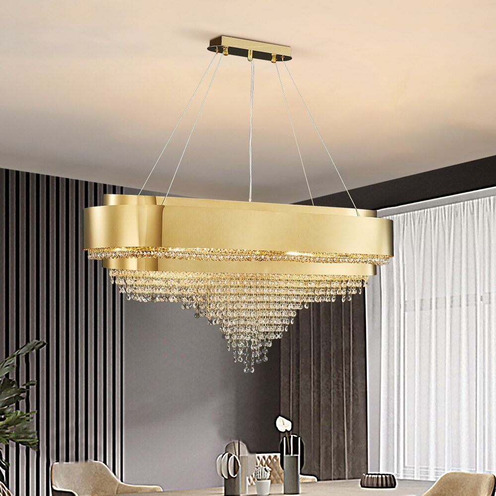 Luksus moderne guld krystal lysekrone køkkenlampe spisestue rektangel lysarmatur Luster