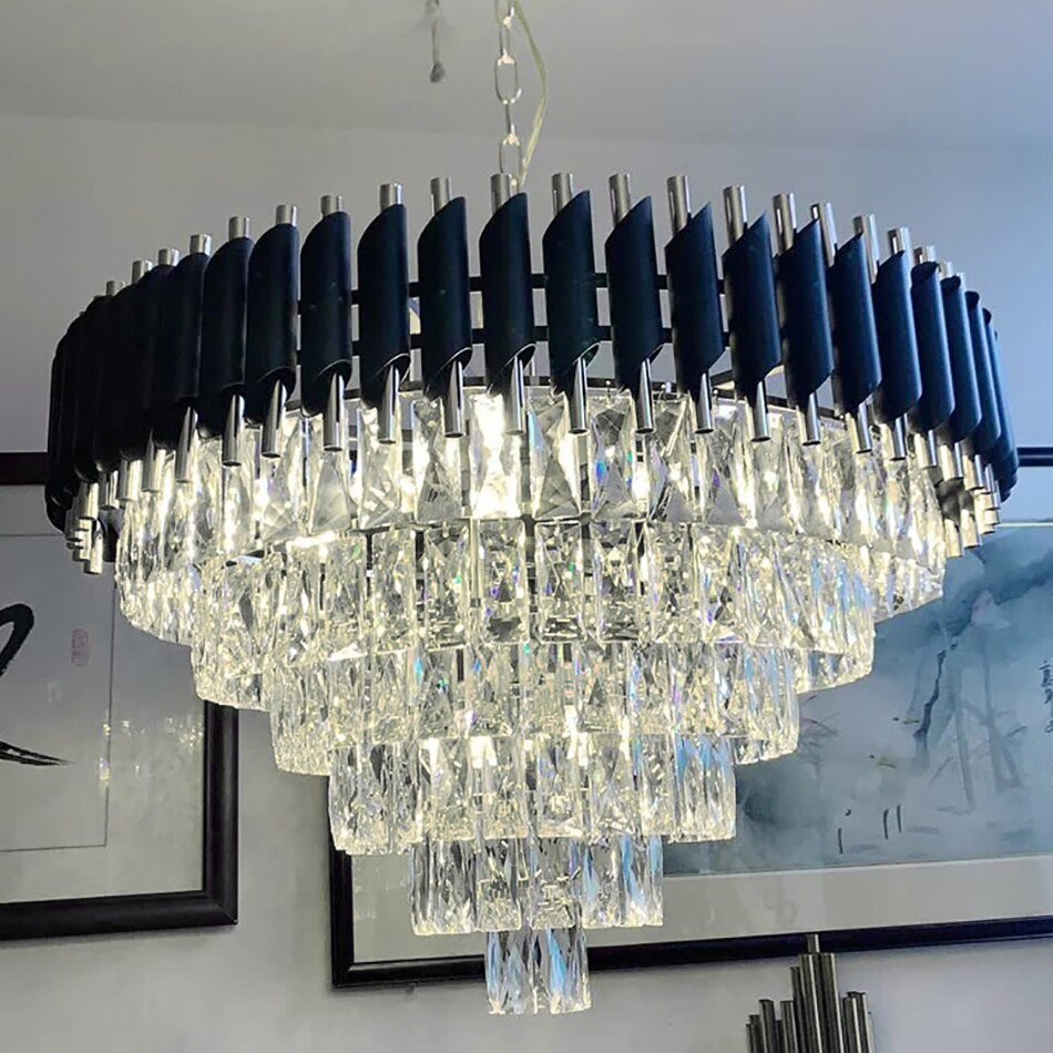 Lustre de luxe rond, noir, moderne, en cristal et à diodes électroluminescentes pour le salon