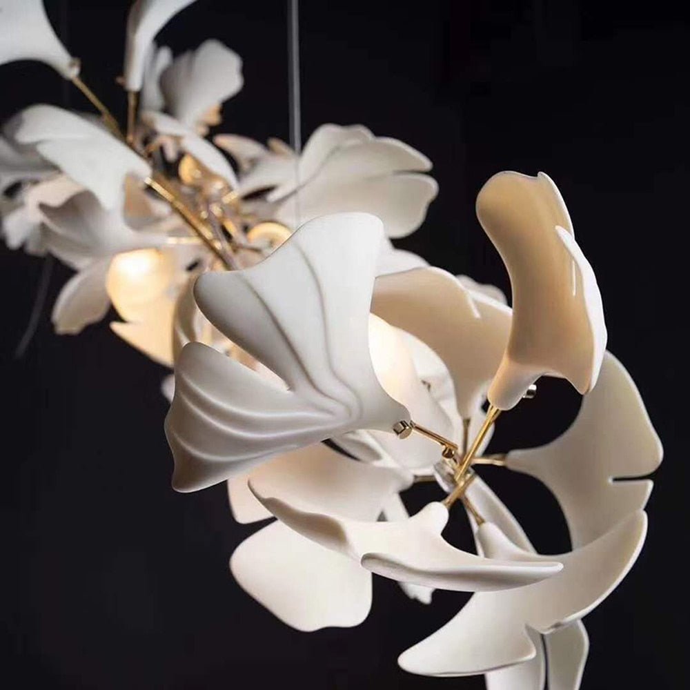 Luxury White Ceramic Leaves Branch Copper Chandelier Flower Lamp
