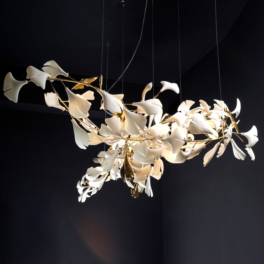 Lujosa Flor de Cerámica Blanca con Ramas de Cobre Lámpara de Vestíbulo