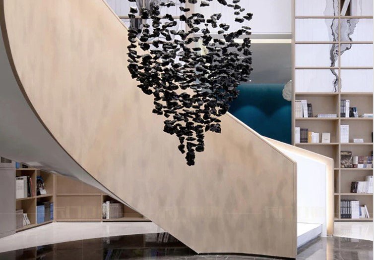 Moderne kunstdesign Svart stein lysekrone Lang trapp Armaturer Luksus Stor lysarmatur