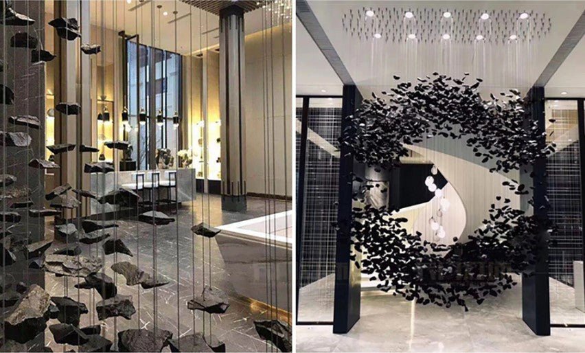 Design artistico moderno Lampadario in pietra nera Apparecchi per scale lunghe L'apparecchio di illuminazione di lusso di grandi dimensioni