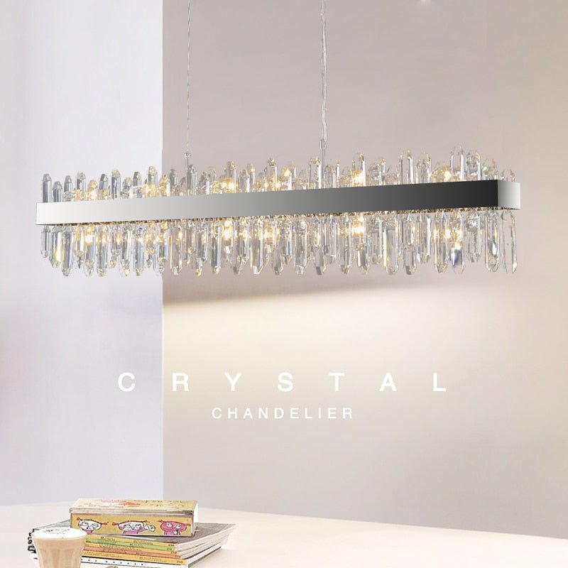 Lustre moderne chromé rectangulaire en cristal pour îlot de cuisine et salon