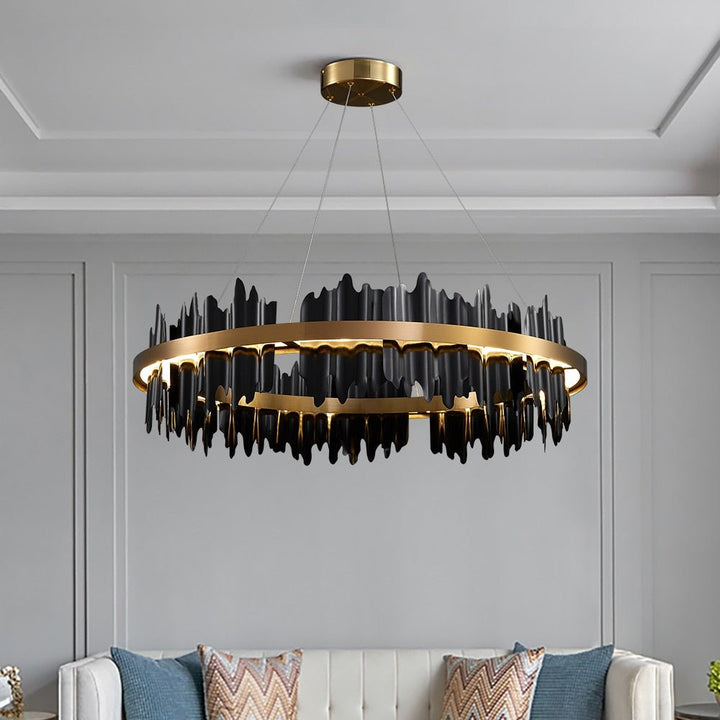 Lustre LED circulaire moderne et créatif avec télécommande Lampe suspendue noire et dorée pour le salon, le hall d'entrée et l'hôtel Luminaires