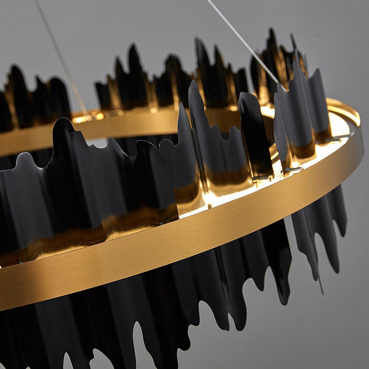 モダンなクリエイティブサークルLEDシャンデリアリモコン付きブラックゴールドハンギングランプリビングルームロビーホテルの照明器具
