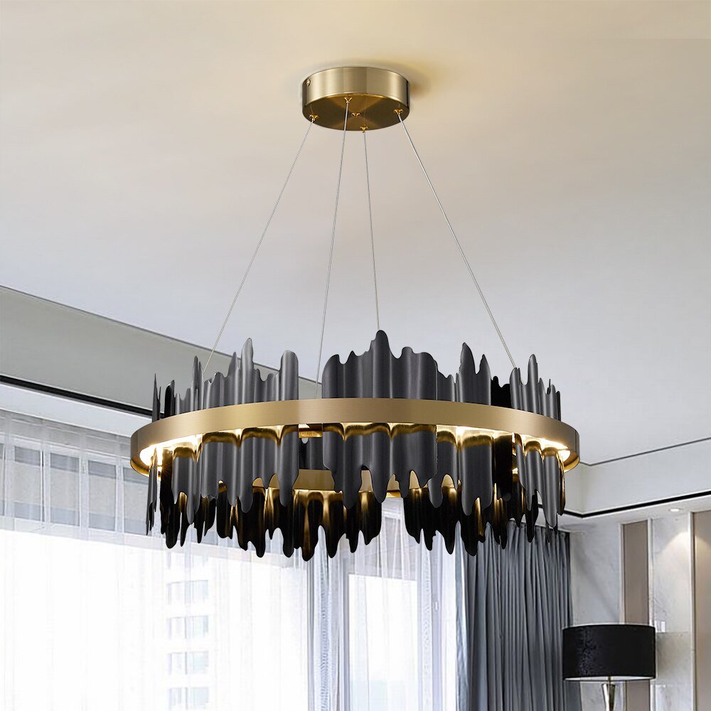 Moderne Creative Circle LED-lysekrone med fjernkontroll Svart gull hengende lampe for stue lobby hotell lysarmaturer 