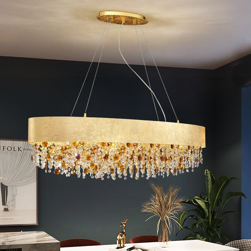 Lustre moderne en cristal pour salle à manger Suspension dorée Lampe LED ronde Décoration intérieure de luxe